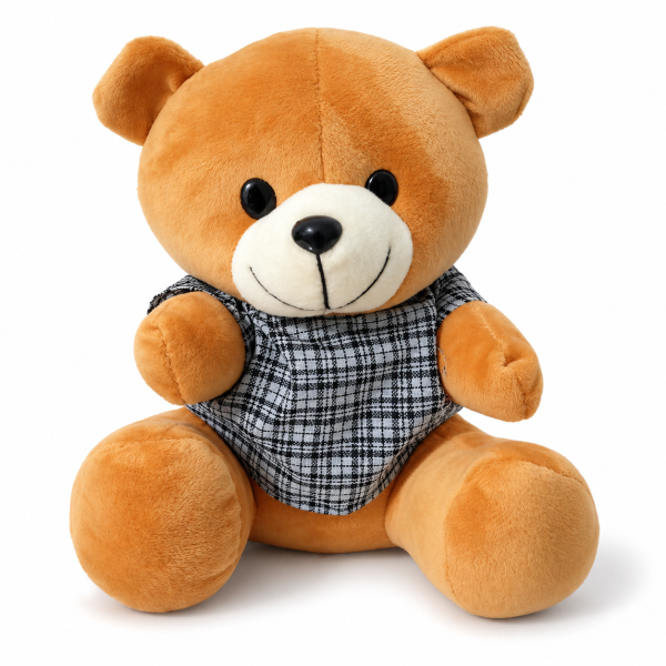 Osito de Peluche Marrón con Camisa de Cuadros Gris y Negro