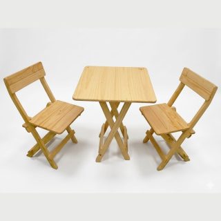 Comedor Plegable Cuadrado con 2 Sillas – Madera Pino, Acabado Natural Laqueado