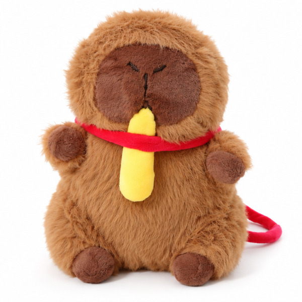 Peluche Capibara Marrón con Morral de Papas y Capa Roja