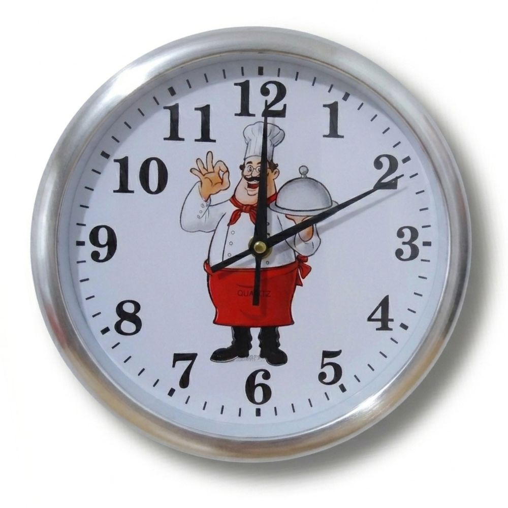 Reloj de Cocina Chef – 25 cm, Marco Plateado Moderno, Diseño Divertido para Cocina 1 Reloj de Cocina Chef