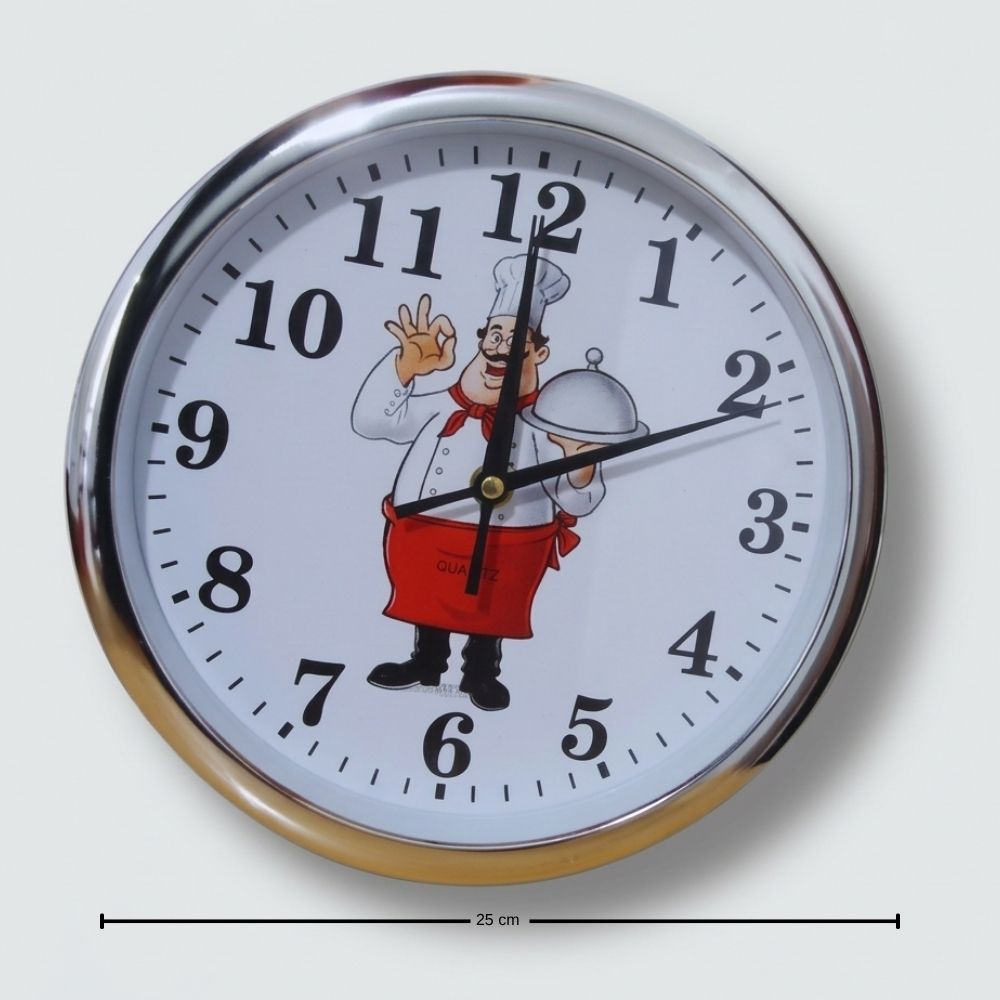 Reloj de Cocina Chef – 25 cm, Marco Plateado Moderno, Diseño Divertido para Cocina 3 Reloj de Cocina Chef