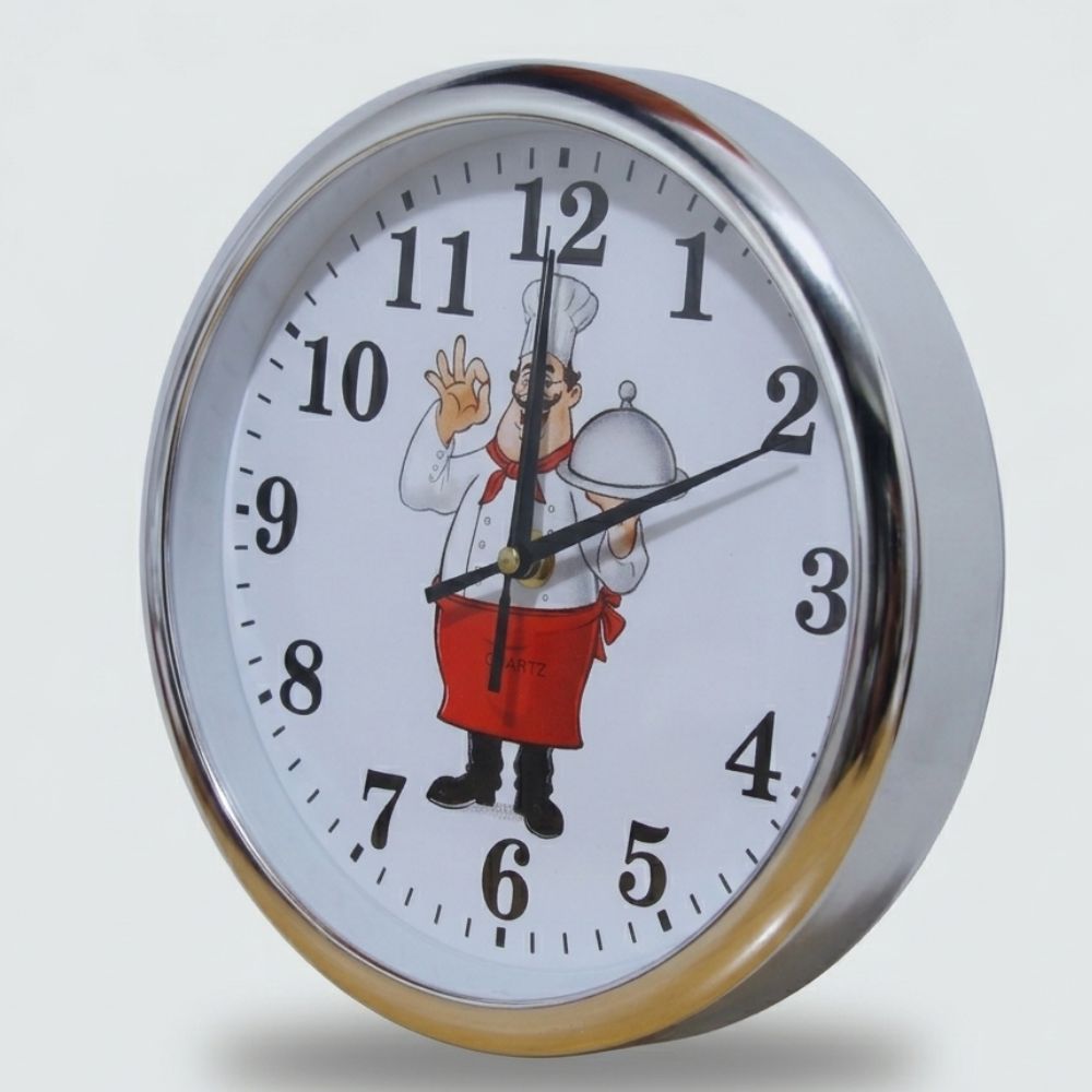 Reloj de Cocina Chef – 25 cm, Marco Plateado Moderno, Diseño Divertido para Cocina 5 Reloj de Cocina Chef