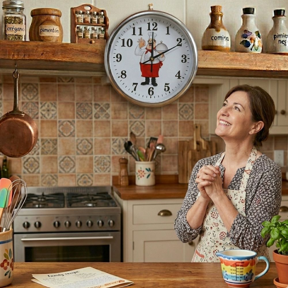 Reloj de Cocina Chef – 25 cm, Marco Plateado Moderno, Diseño Divertido para Cocina 4 Reloj de Cocina Chef