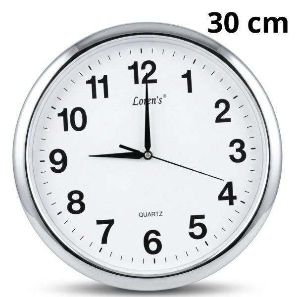 Reloj de Pared Redondo Analógico 30 cm – Borde Plateado, Fondo Blanco