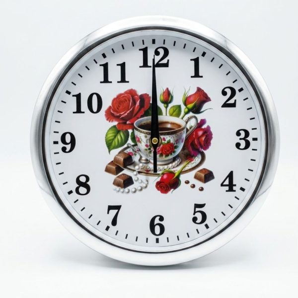 Reloj de Pared Rose Coffee Elegance Decorativo de 25 cm – Diseño Floral con Taza y Chocolates