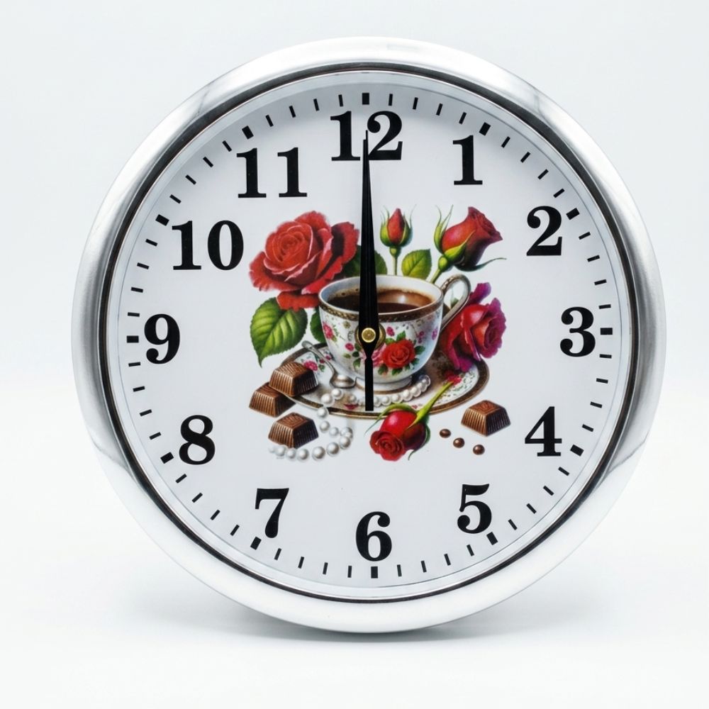 Reloj de Pared Rose Coffee Elegance Decorativo de 25 cm – Diseño Floral con Taza y Chocolates 1 Reloj de Pared Rose Coffee Elegance Decorativo de 25 cm – Diseño Floral con Taza y Chocolates