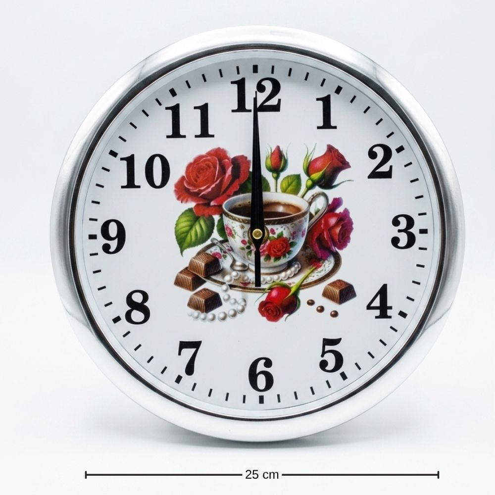 Reloj de Pared Rose Coffee Elegance Decorativo de 25 cm – Diseño Floral con Taza y Chocolates 3 Reloj de Pared Rose Coffee Elegance Decorativo de 25 cm – Diseño Floral con Taza y Chocolates - Imagen 3