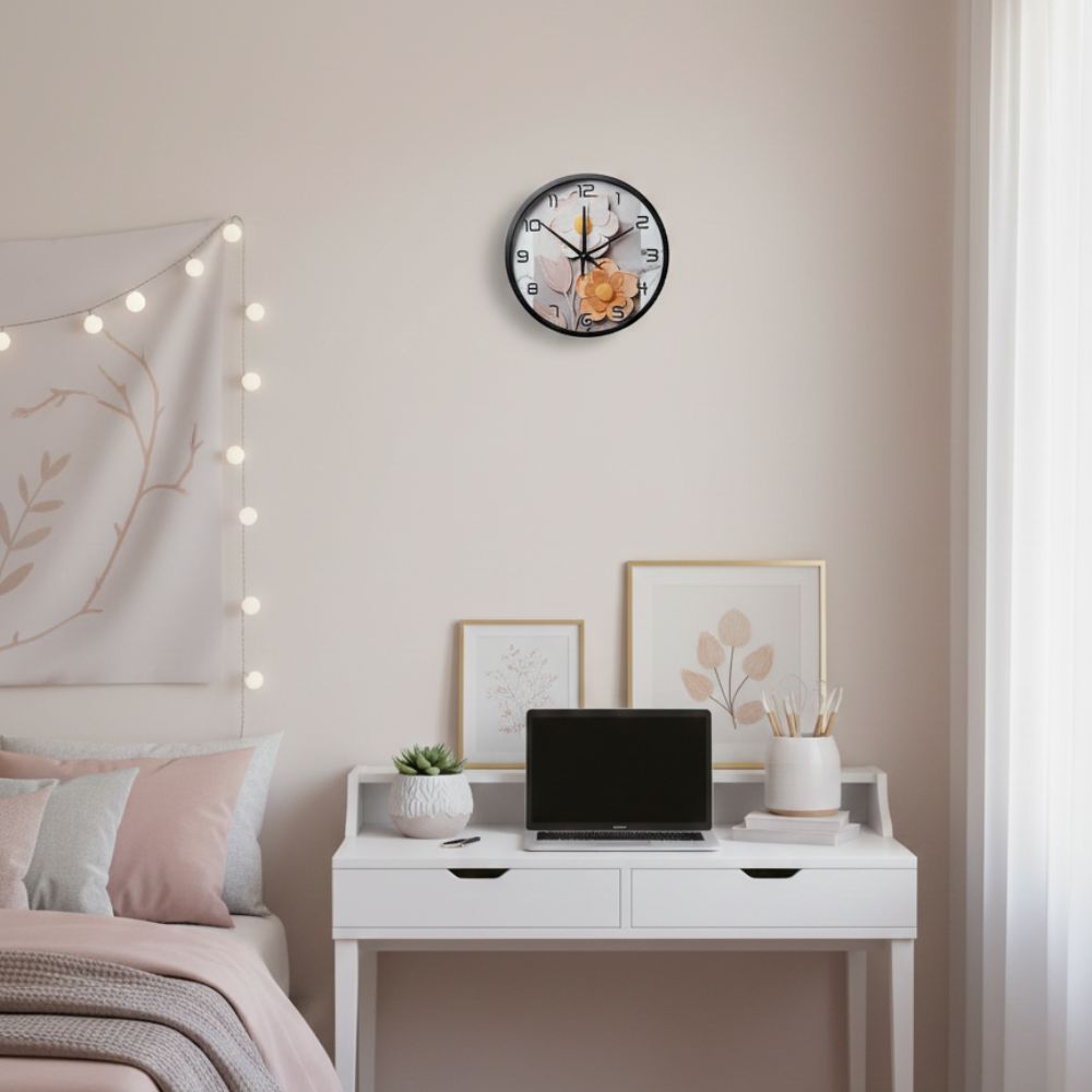 Reloj de Pared Redondo Modelo Margaritas – Marco Negro, Fondo Blanco, 20 cm 3 Reloj de pared redondo