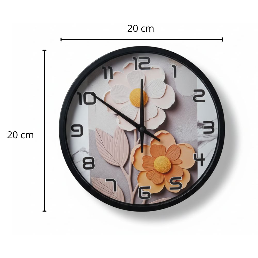 Reloj de Pared Redondo Modelo Margaritas – Marco Negro, Fondo Blanco, 20 cm 4 Reloj de pared redondo